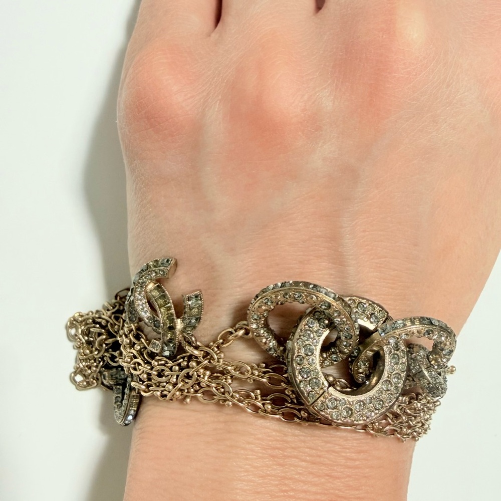 Chanel CC Antique Gold Multi Chain Bracelet Crystal Logo NWT Valentine Gift